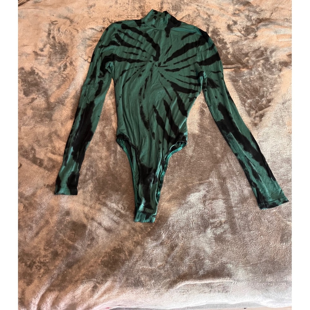 Ten Sixty Sherman Green Black Tie Dye Ribbed Mock Neck Long Sleeve Bodysuit S